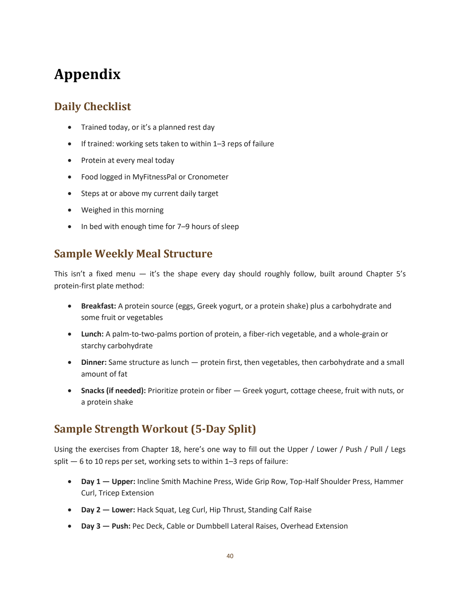 Look inside: appendix — daily checklist and weekly meal structure